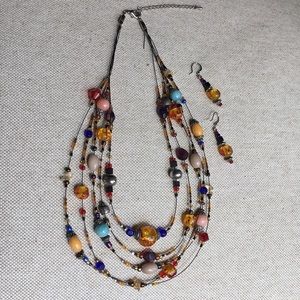 Glass and Silver tone Bead Necklace and Earrings